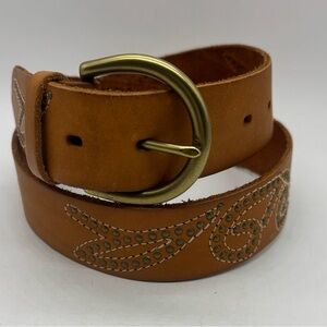 Linea Pelle Leather Belt Studded Top Stitched Brass Buckle Boho Large 32”-36”